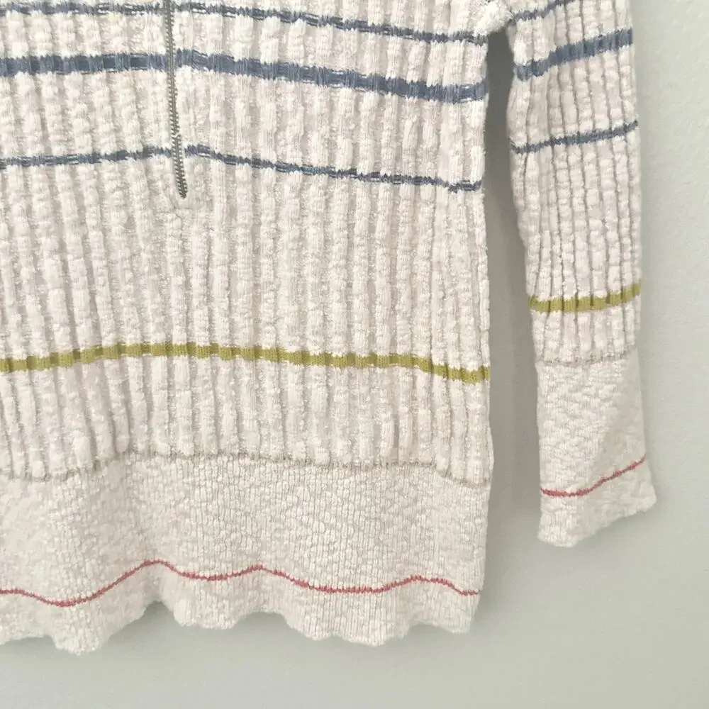 FREE PEOPLE | Rossi Striped Ribbed Knit Sweater Quarter-zip Neutral | Size Large - Picture 4 of 8